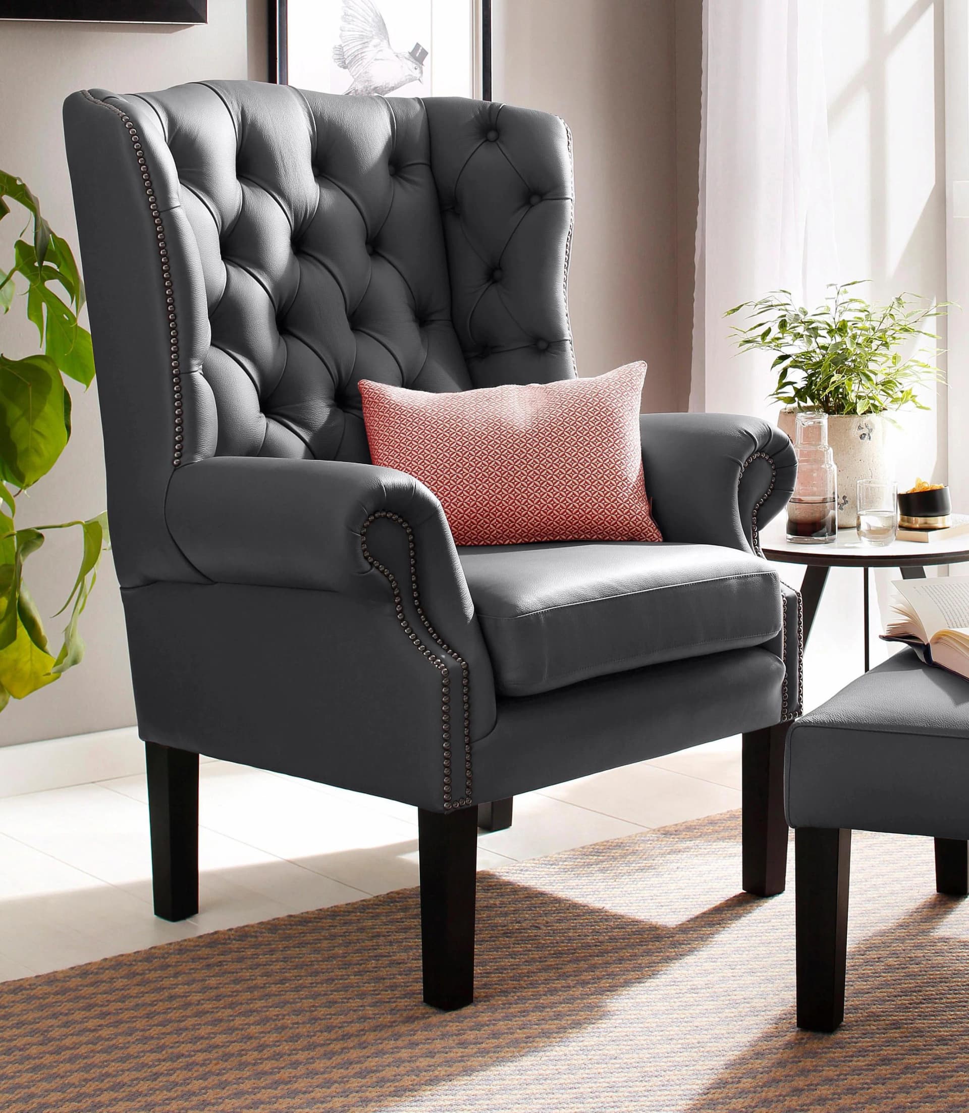 HOME AFFAIRE Bedford Ohrensessel Chesterfield Schwarz Leder
