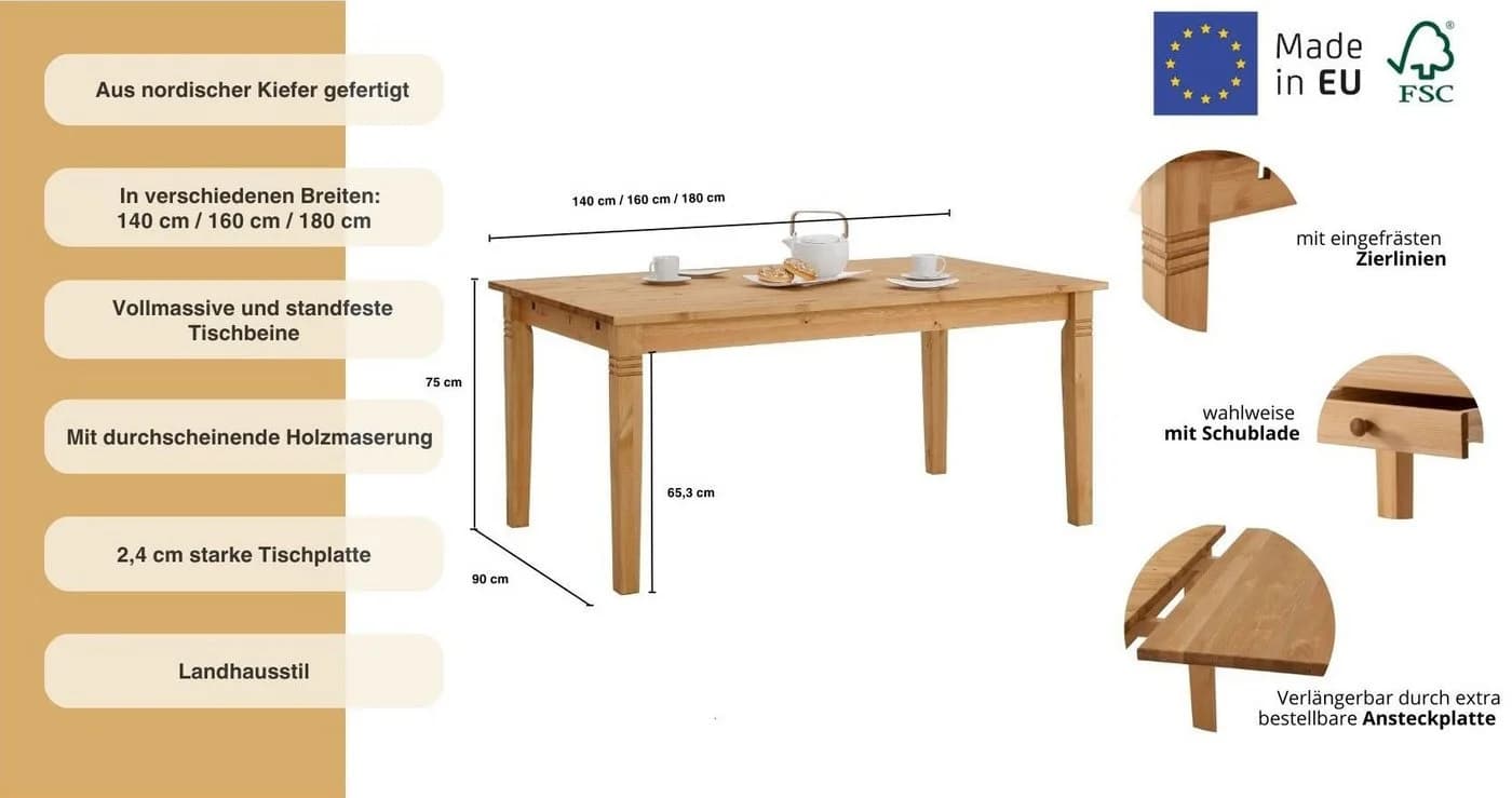 Esstisch OTTO HOME Danuta Massivholz Beige Klassisch - Bild 3