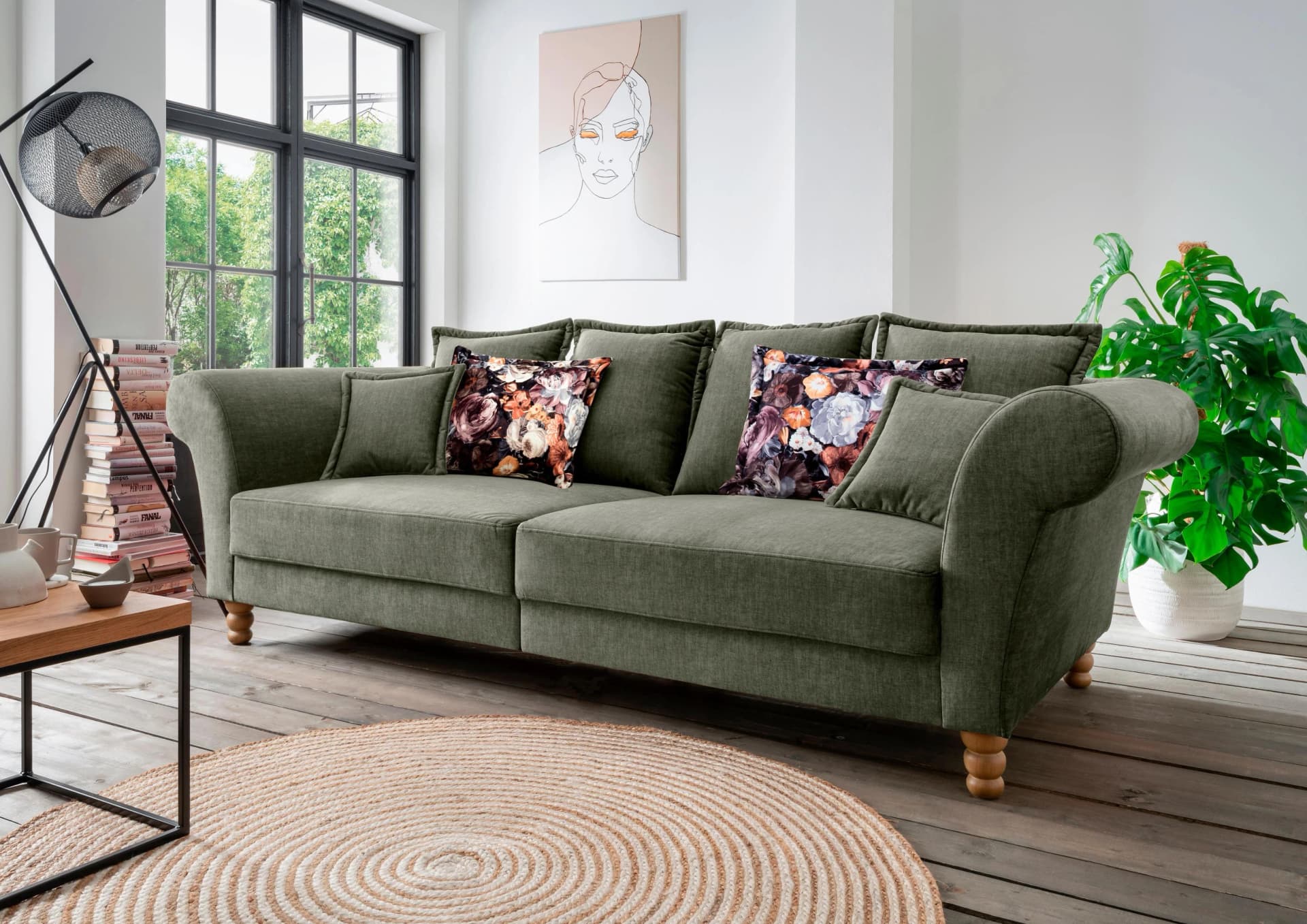 HOME AFFAIRE Tassilo Mega Sofa Dunkelgrün Velours mit Kaltschaum