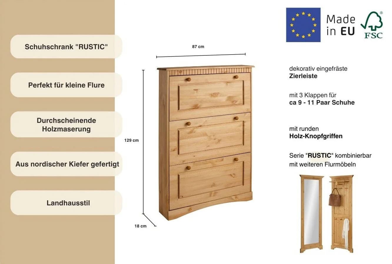 Schuhschrank OTTO HOME Rustic Beige Massivholz 3 Klappen - Bild 3