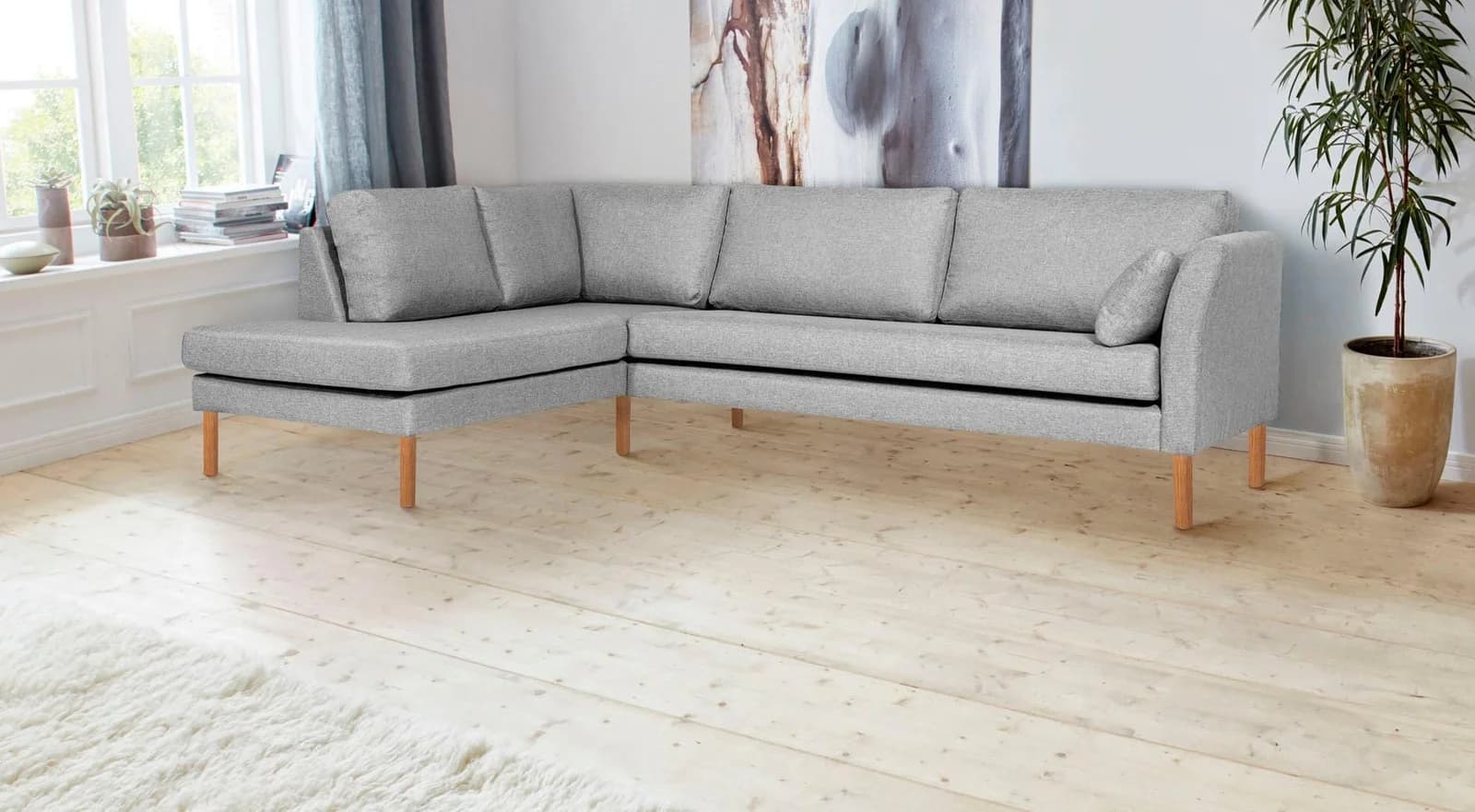 Ecksofa ANDAS Grenzda L-Form Silber mit Holzfüßen