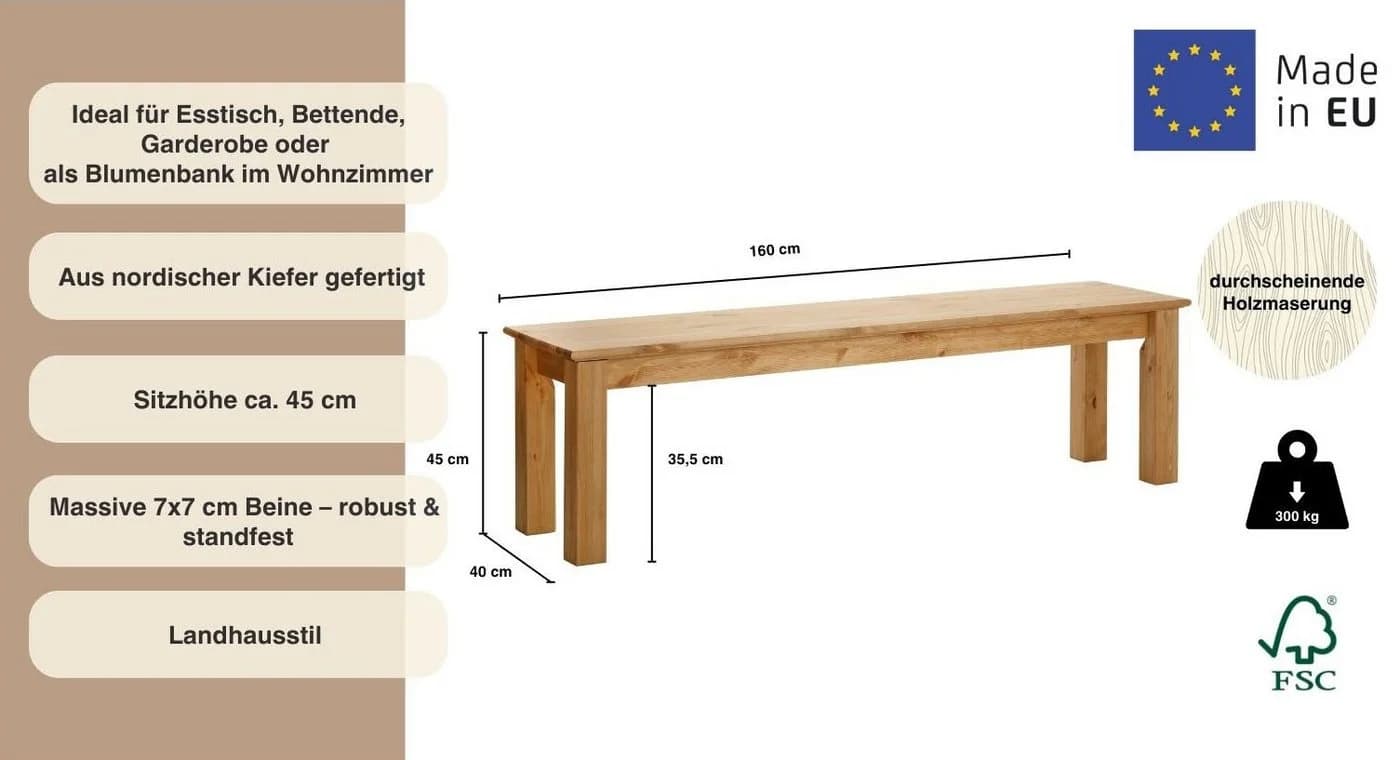 OTTO HOME Sitzbank Konrad Beige Massivholz Gelaugt Geölt - Bild 3