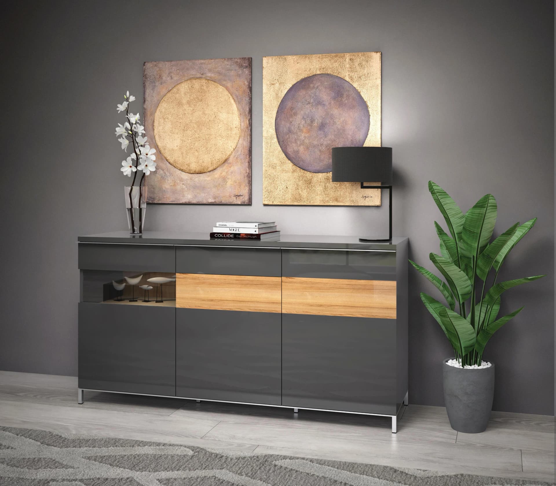 OTTO HOME Sideboard Onyx Anthrazit Walnuss Hochglanz Soft-Close