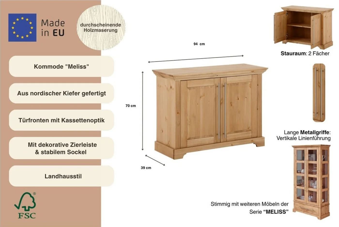 OTTO HOME Sideboard Melissa Beige Natur FSC Massivholz Landhausstil - Bild 3