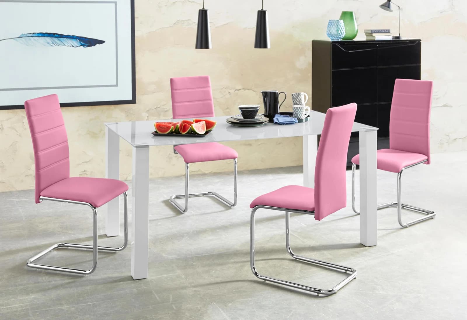 OTTO HOME Essgruppe Normadora 5-tlg. Weiß/Pink Glas Metall