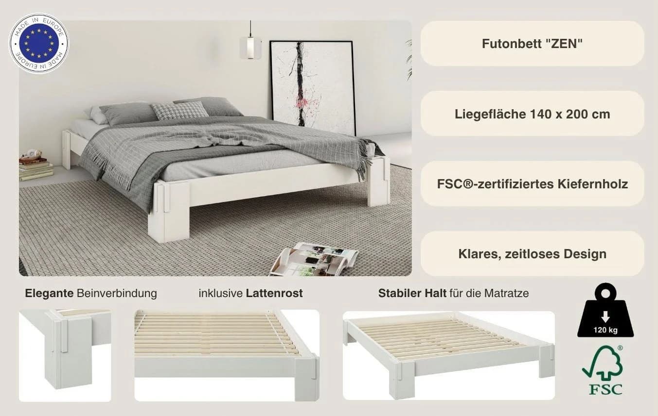 OTTO HOME ZEN Futonbett Weiß Massivholz Kiefer - Bild 3
