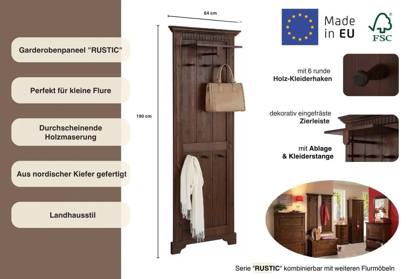 OTTO HOME Rustic Garderobenpaneel Wandbraun Massivholz - Bild 3