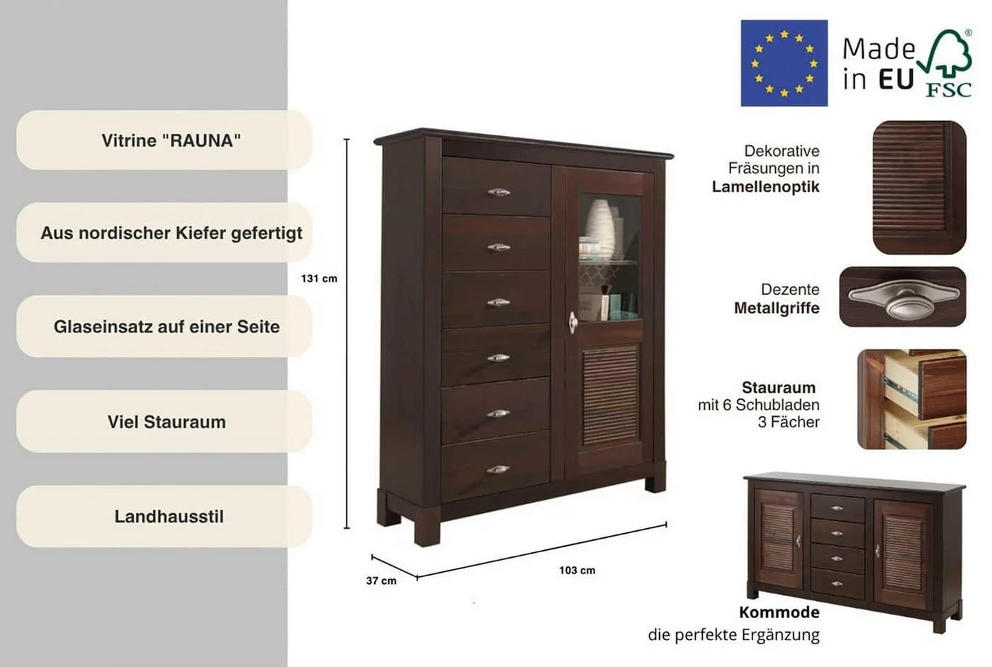 OTTO HOME Highboard Rauna Dunkelbraun Massivholz Kiefer - Bild 3