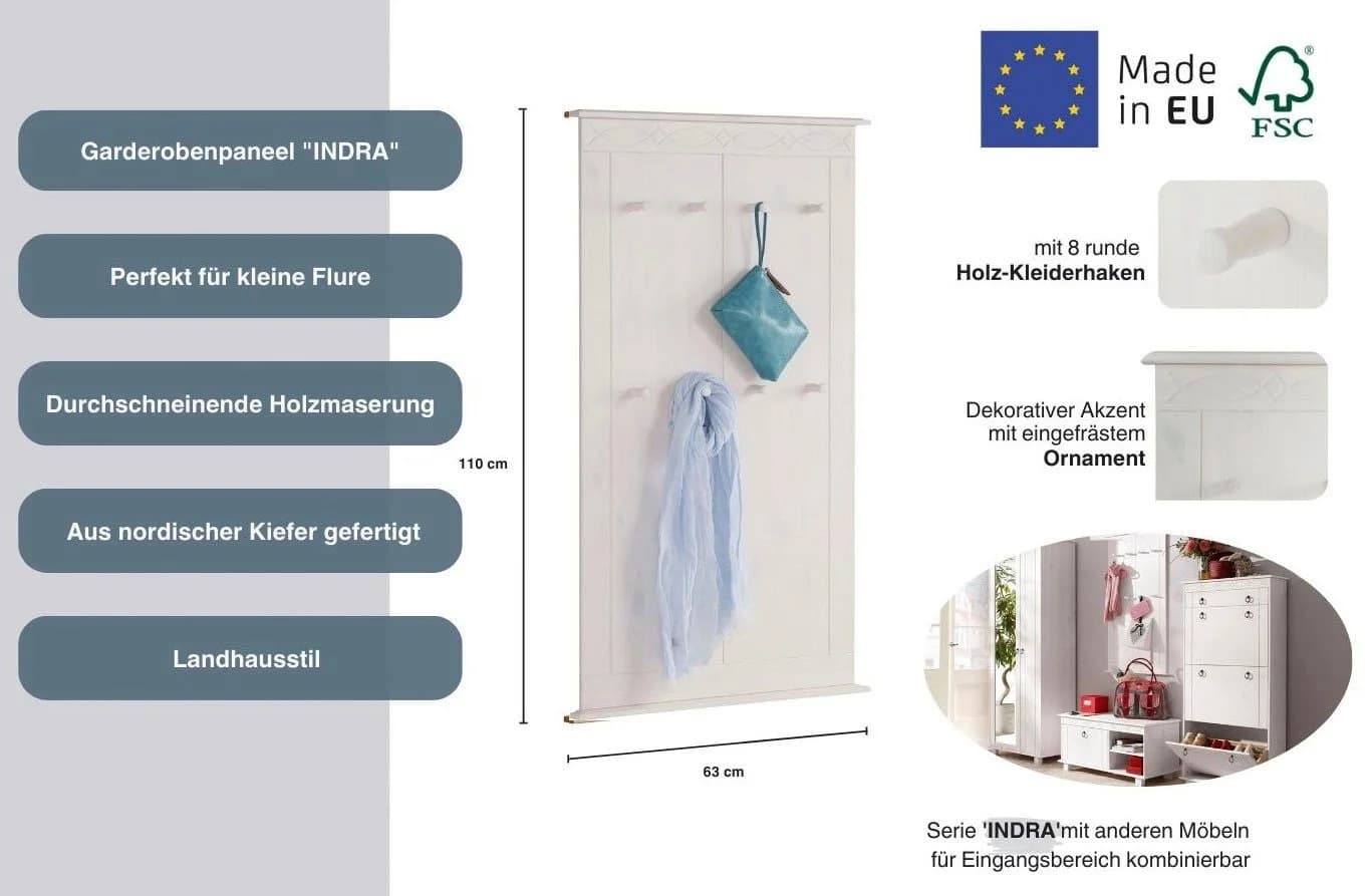 OTTO HOME Garderobenpaneel Indra Weiß Massivholz 8 Haken - Bild 3