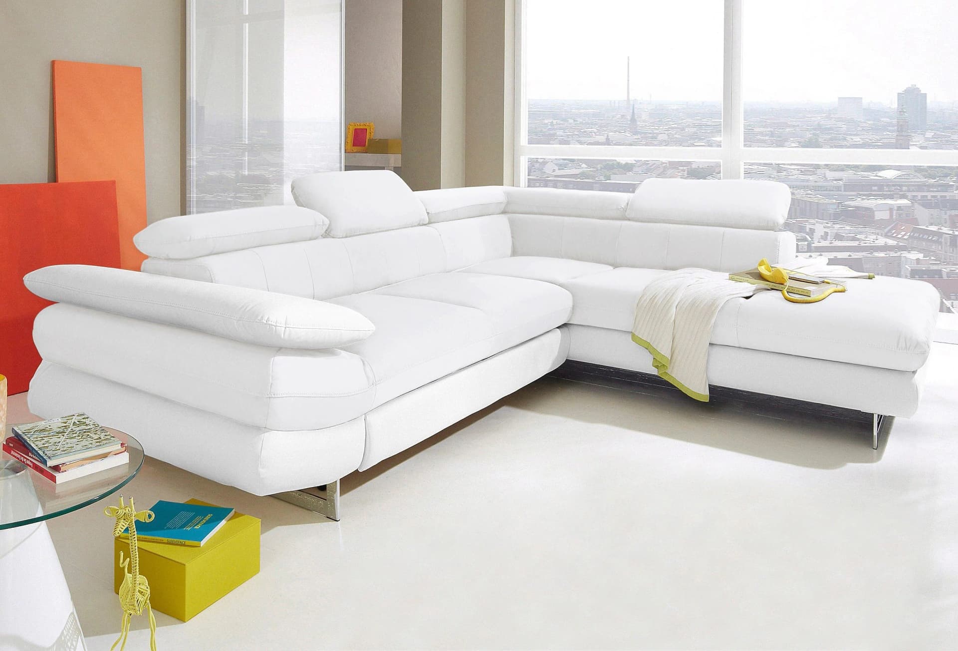 COTTA Ecksofa Solution L-Form Weiß mit Bettfunktion und Verstellung