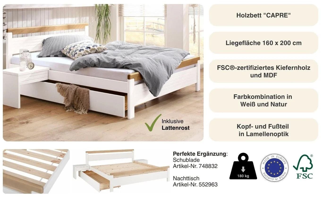 OTTO HOME Massivholzbett CAPRE Weiß Eiche Landhausstil - Bild 3