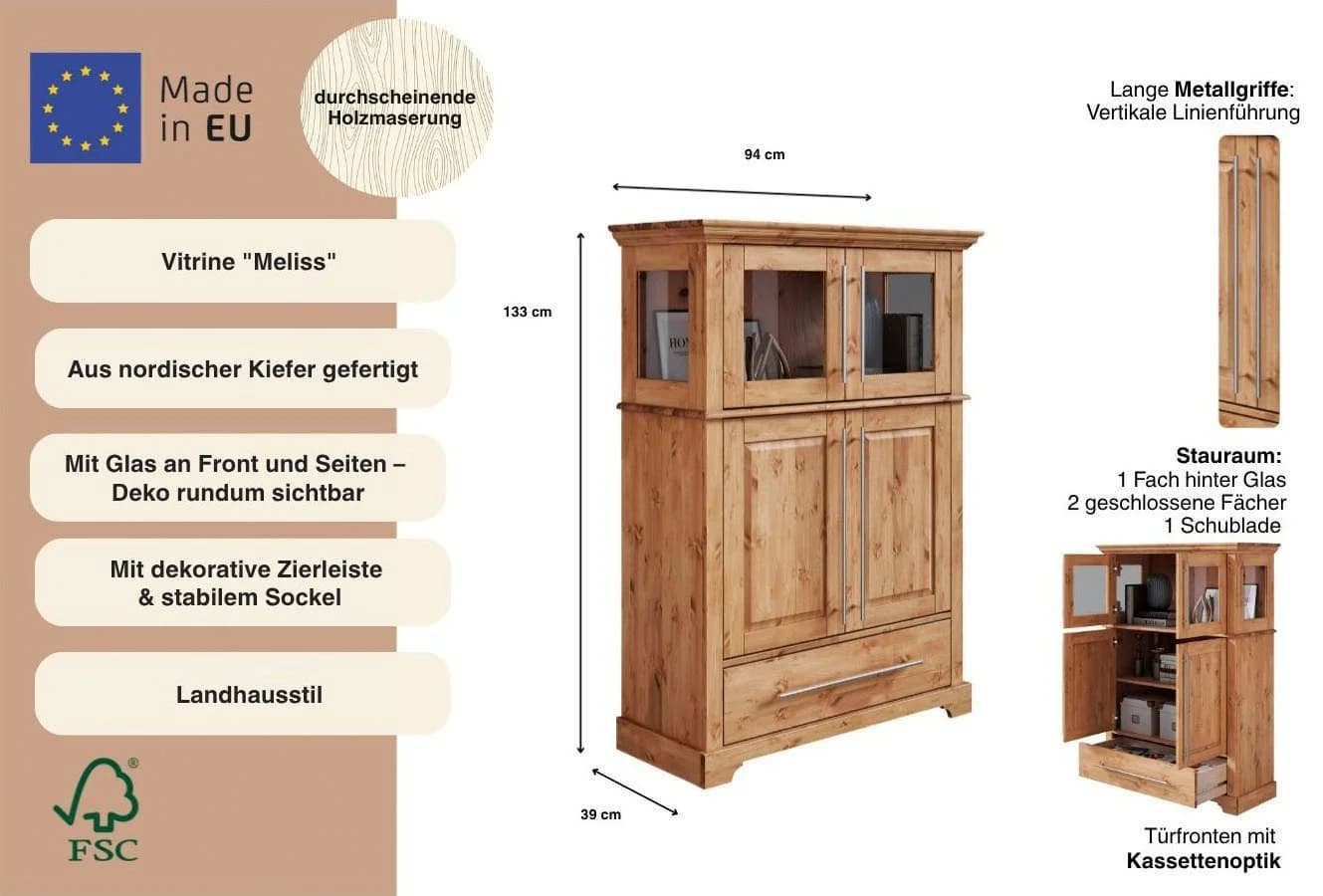 OTTO HOME Melissa Highboard Vitrine Beige Natur FSC Massivholz - Bild 3