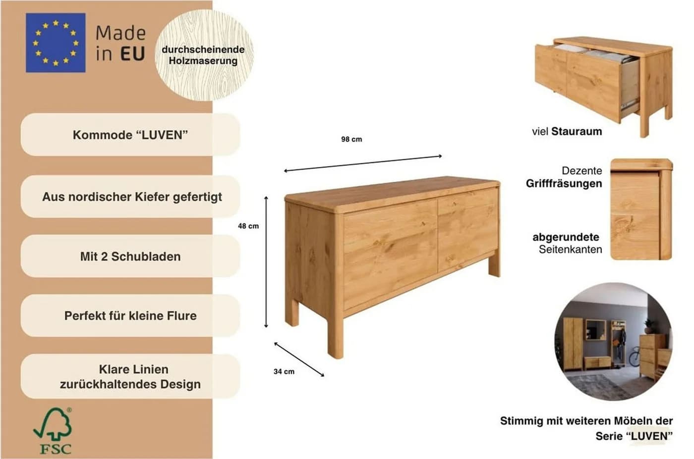 OTTO HOME Kommode Luven Massivholz Kiefer Beige 2 Schubladen - Bild 3