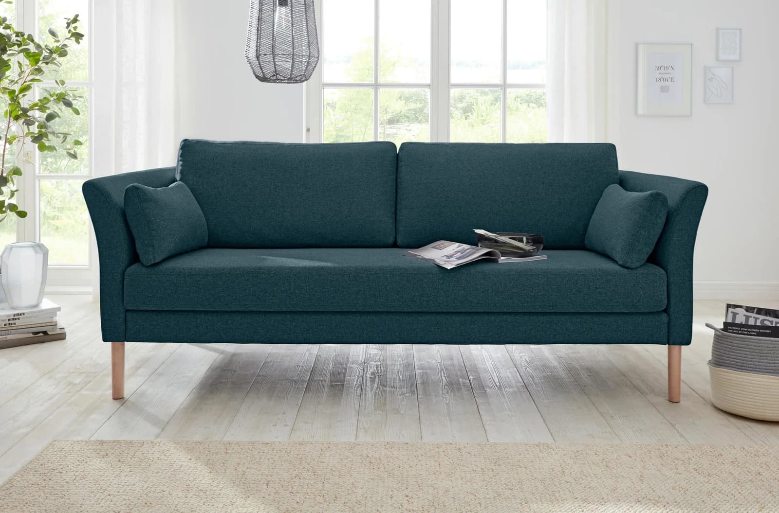 ANDAS 3-Sitzer Sofa "Grenzda" Blau Massivholzfüße