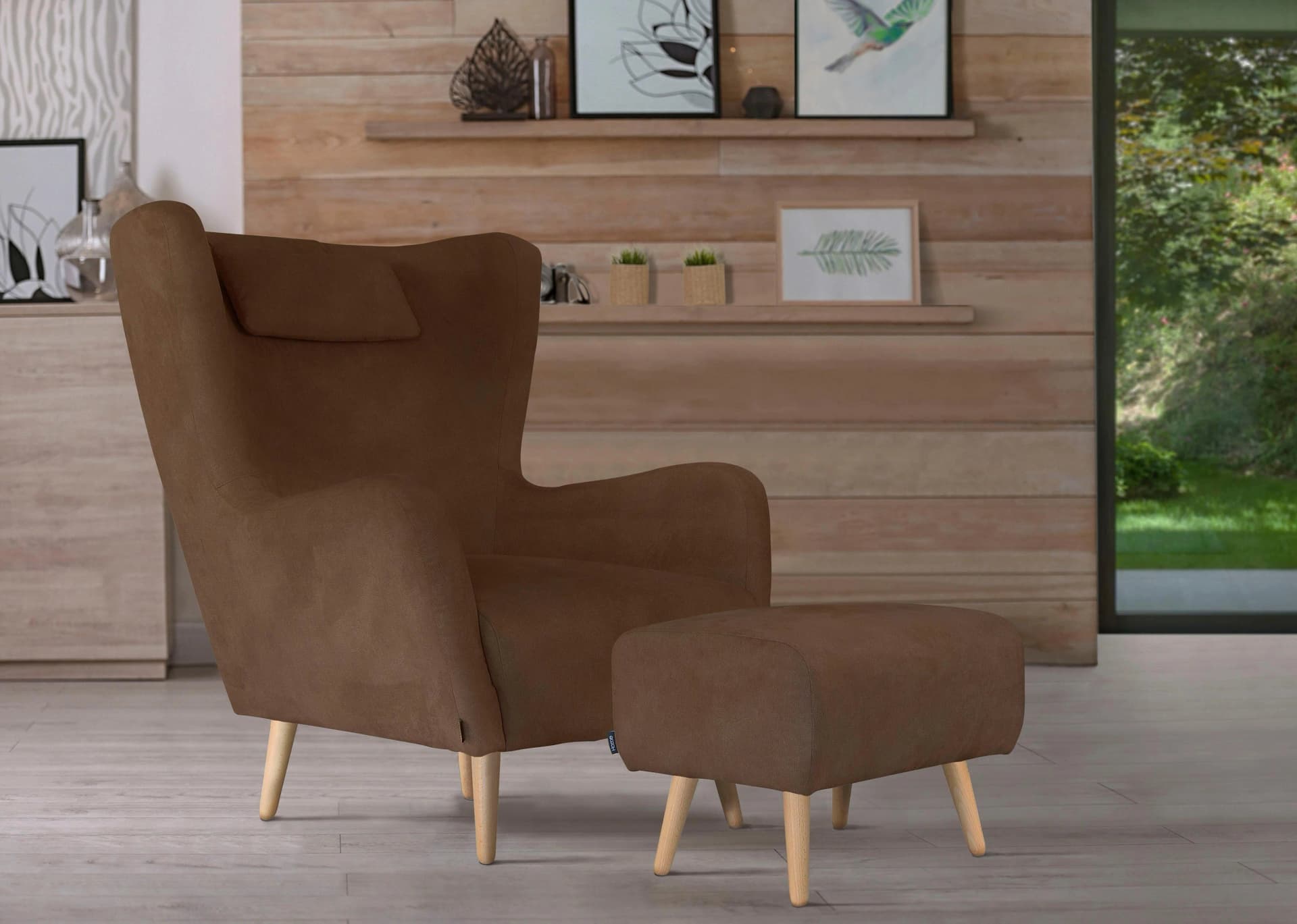 HOME AFFAIRE Ohrensessel Telford mit Hocker Cognac Lederoptik