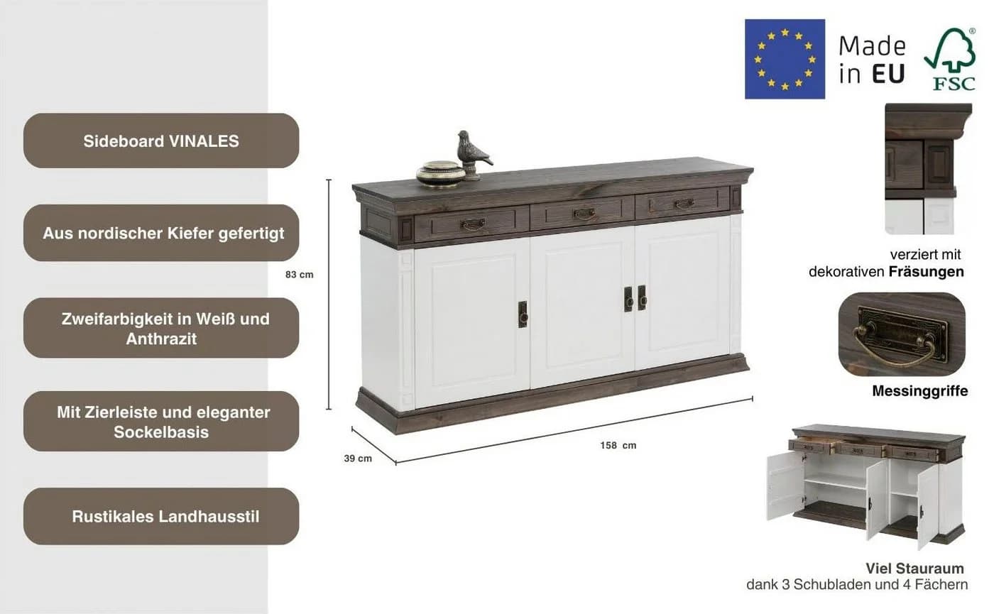OTTO HOME Sideboard Vinales Weiß Massivholz 3 Schubladen 3 Türen - Bild 3