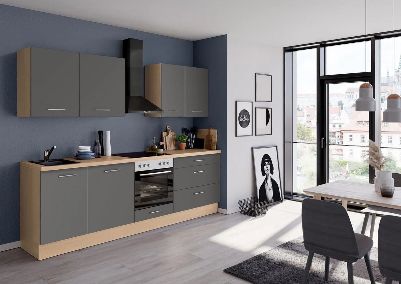 IMPULS KÜCHEN Küchenzeile Kopenhagen Grau Eiche Soft-Close