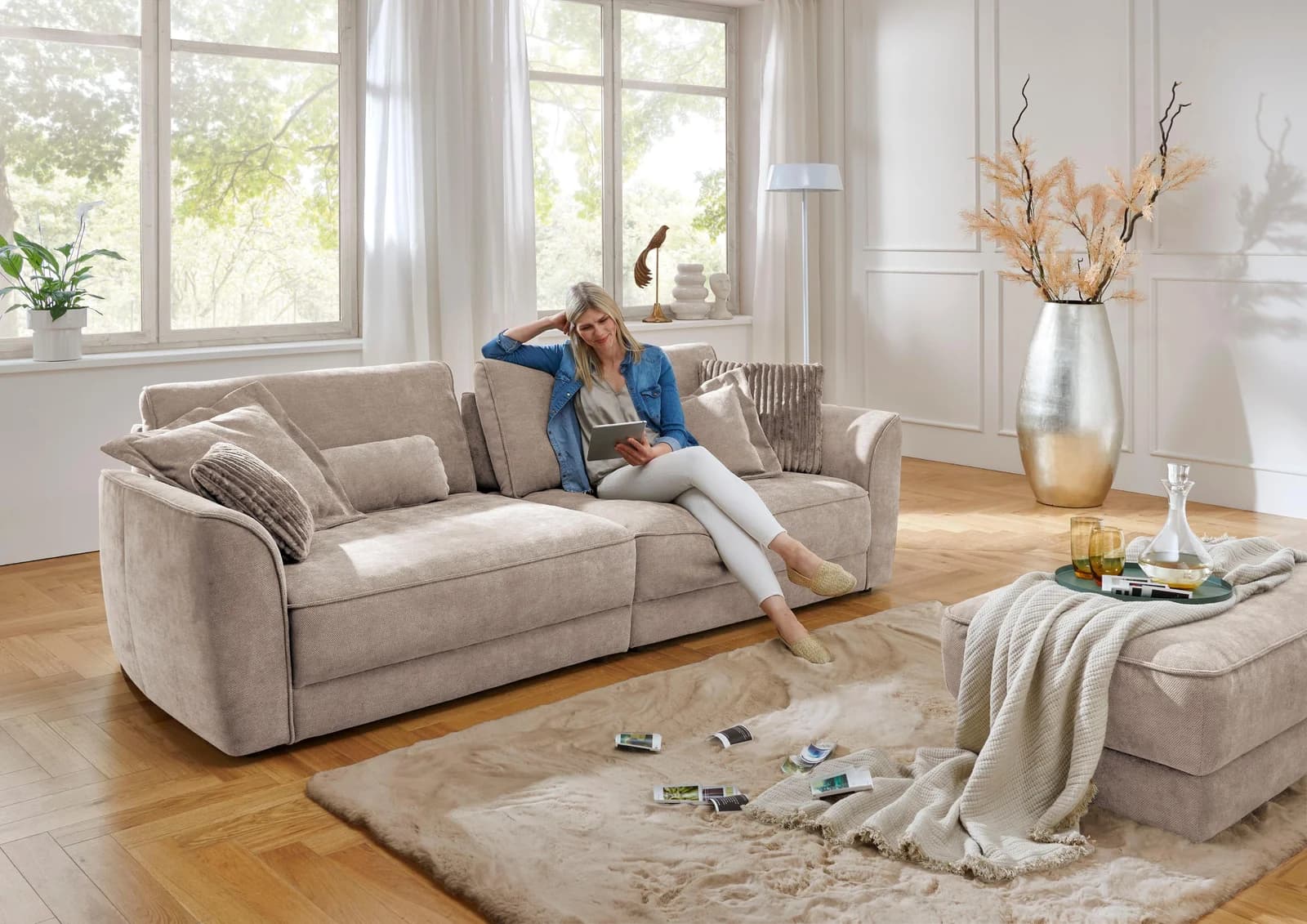 DIE PLANBAR Big-Sofa Beige mit Sitztiefenverstellung