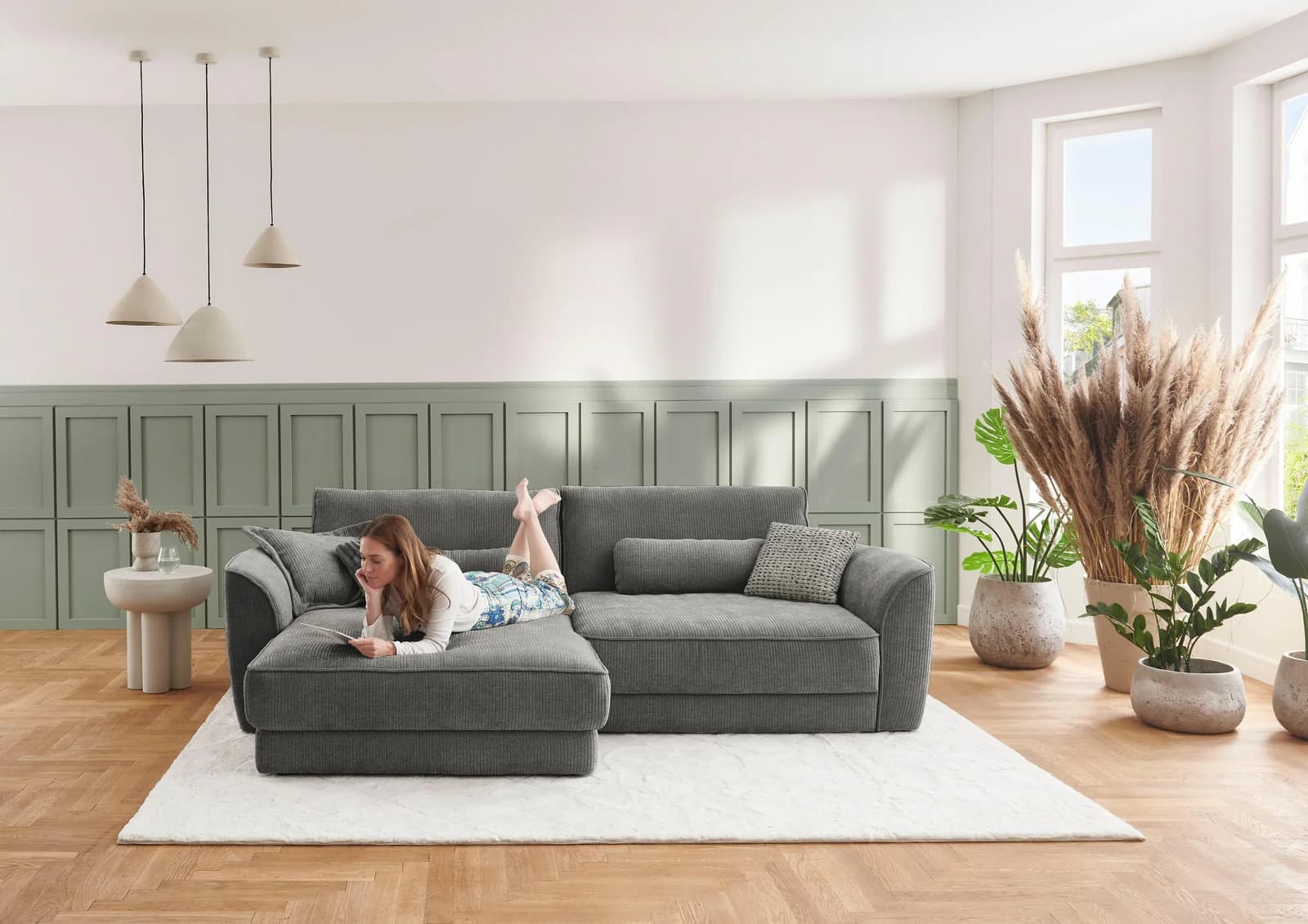 DIE PLANBAR Ecksofa ZE-EM24138 L-Form Racer Grau mit Sitztiefenverstellung