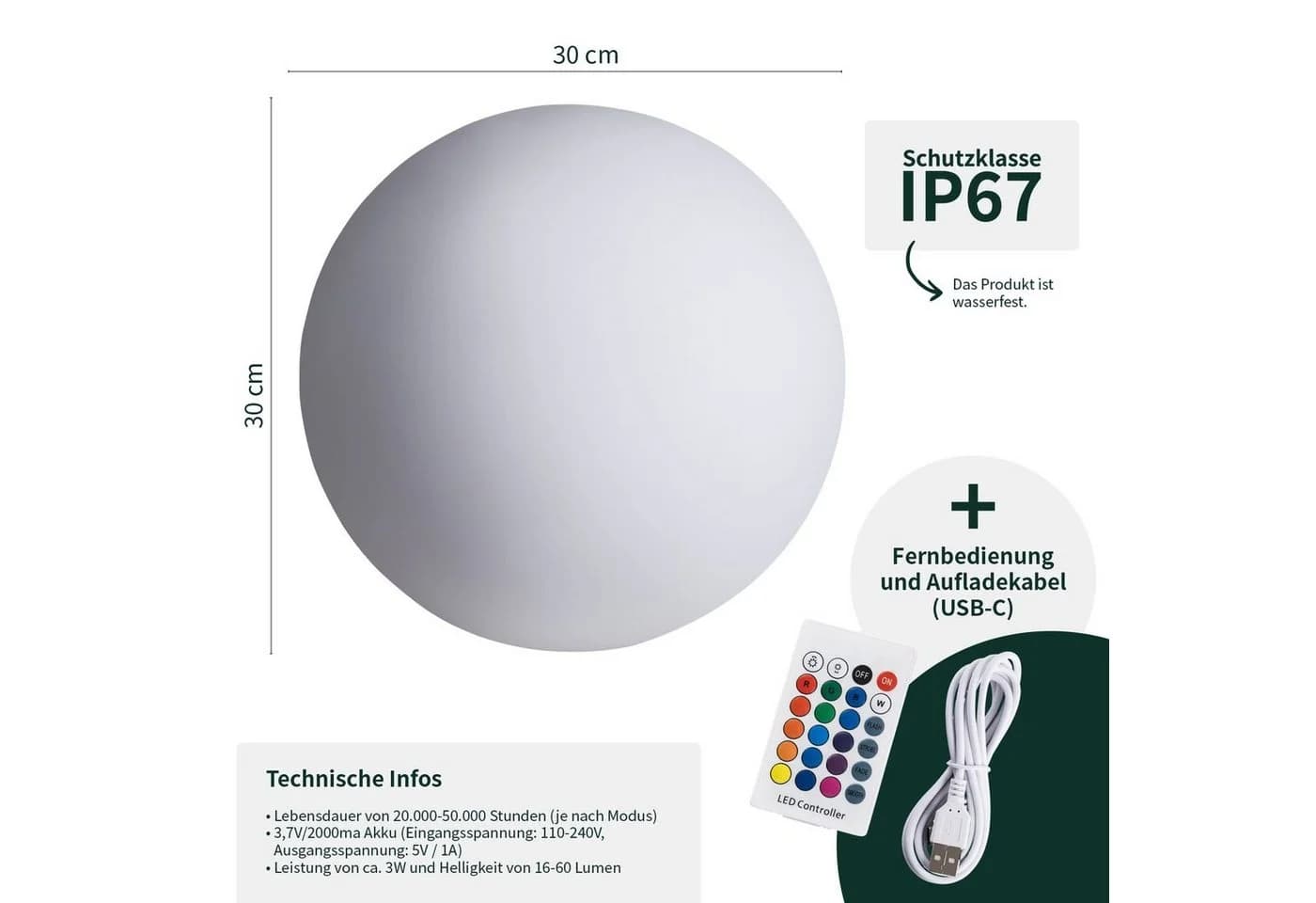 VERDOBA LED Kugelleuchte Innen & Außen mit Akku - Weiß - Bild 4