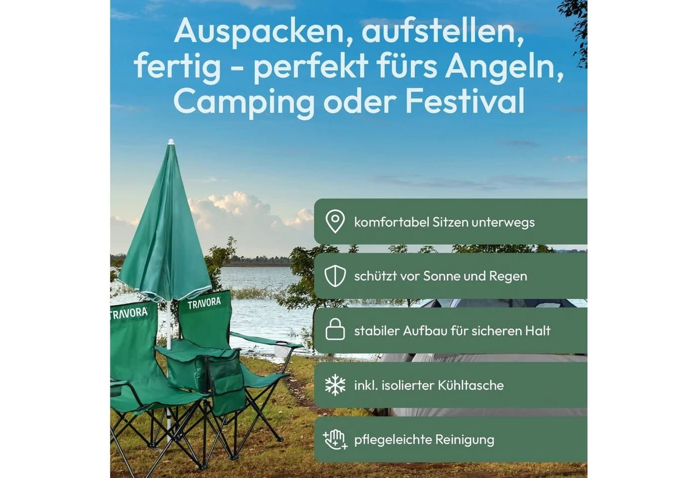 MOVAN Campingstuhl 2er Partner mit Sonnenschirm und Kühlbox - Grün