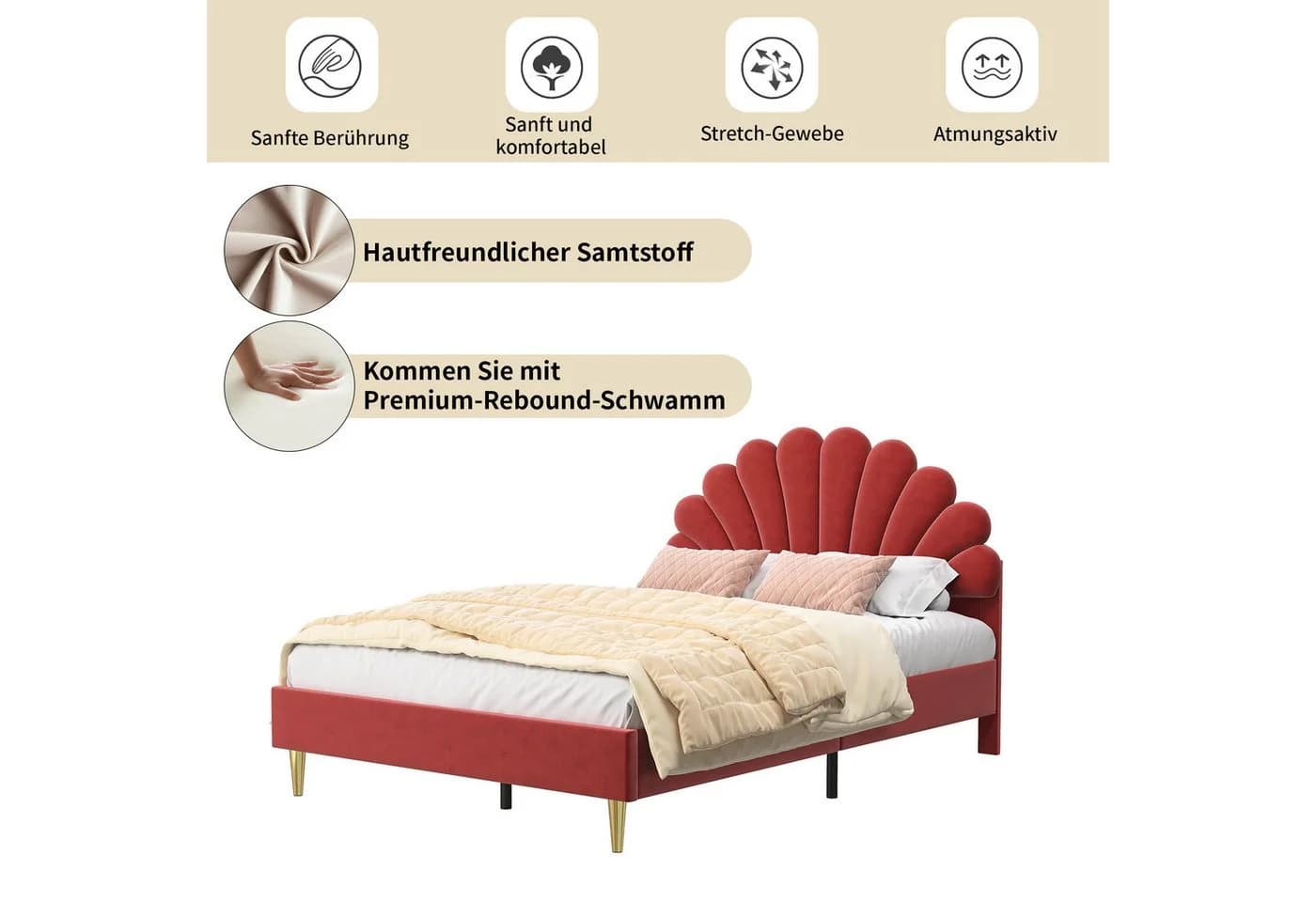 SEEZSSA Polsterbett 140x200cm Samt Rotwein Gepolstert - Bild 5