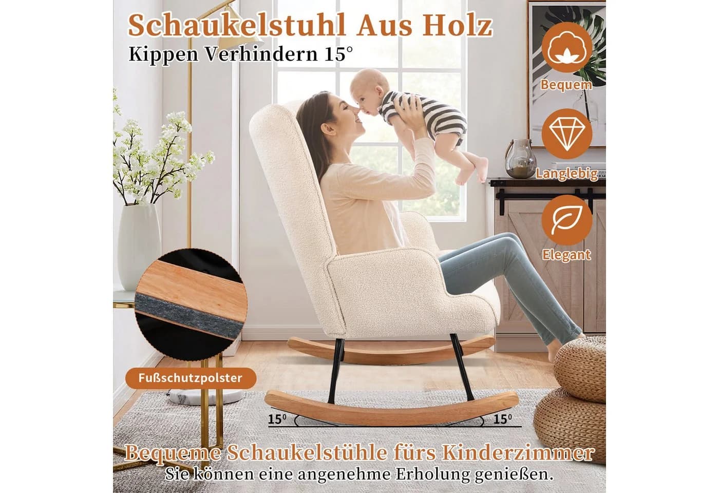 SEEZSSA Schaukelstuhl Beige Metallrahmen Holzkufen - Bild 3
