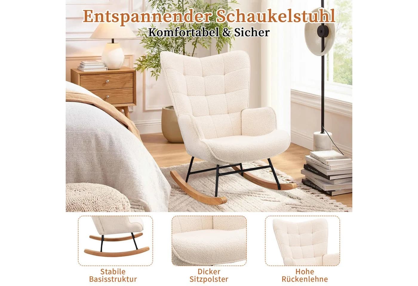 SEEZSSA Schaukelstuhl Beige Metallrahmen Holzkufen - Bild 4