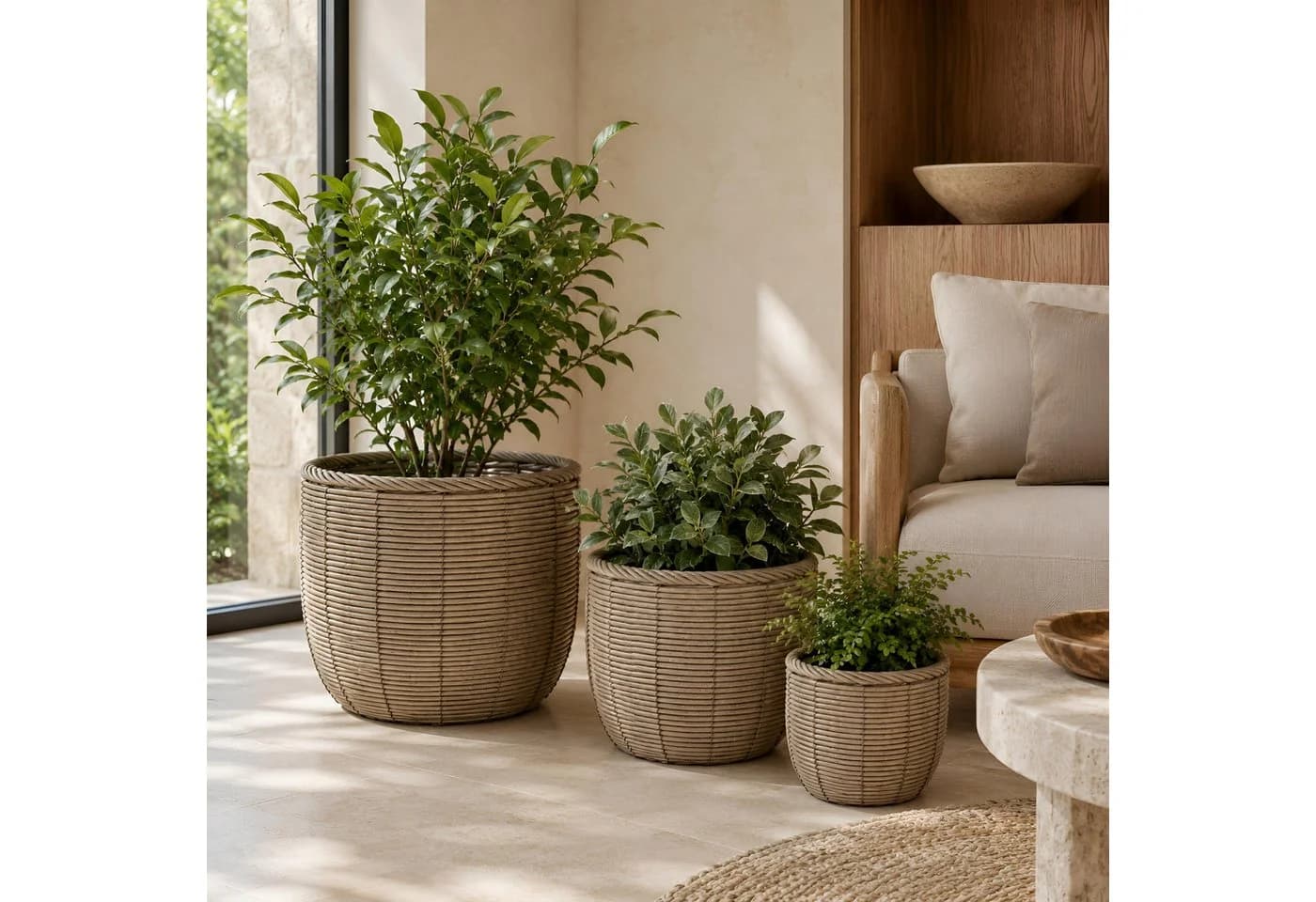 colourliving Pflanzkübel Gala 3er-Set Naturgrau Polyrattan