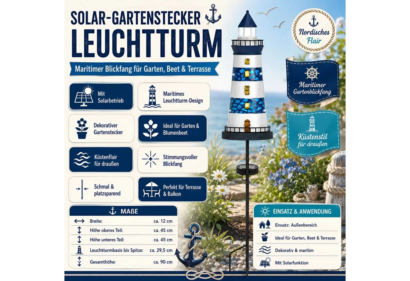 colourliving LED Solar-Gartenstecker Leuchtturm & Segelboot Maritim Metall