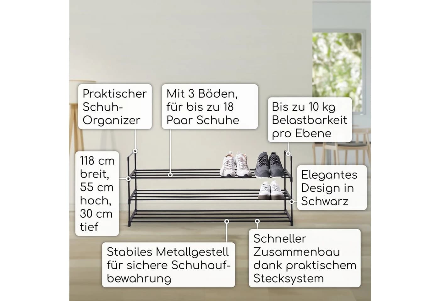 Raburg Schuhregal Schwarz Metall 3 Böden Easy-Shoe - Bild 3