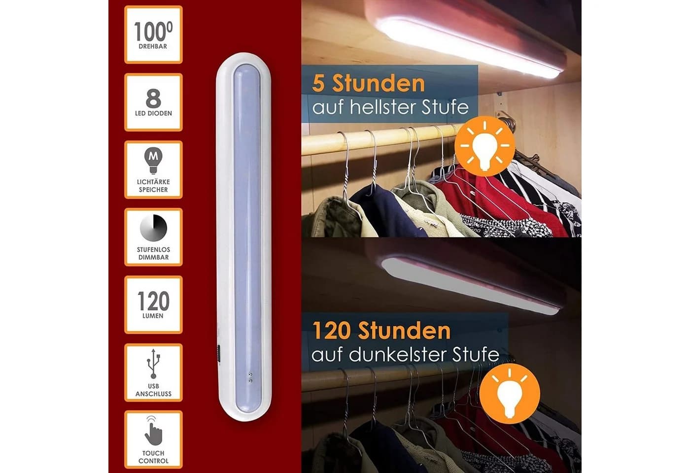 @tec LED Schrankleuchte Unterschrankleuchte Sensor LED fest integriert wiederaufladbar Unterbaulampe dimmbar Automatik - Bild 2
