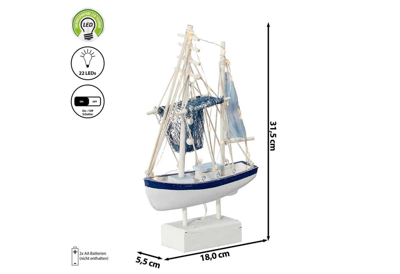 CEPEWA LED Fischkutter Dekoobjekt Blau/Weiß mit 22 LEDs
