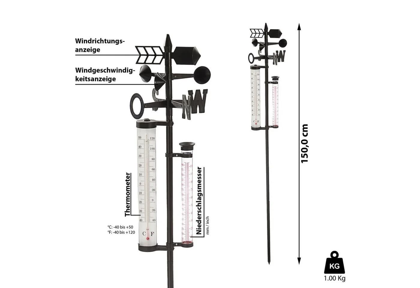 CEPEWA Wetterstation Barometer Regenmesser Thermometer Schwarz