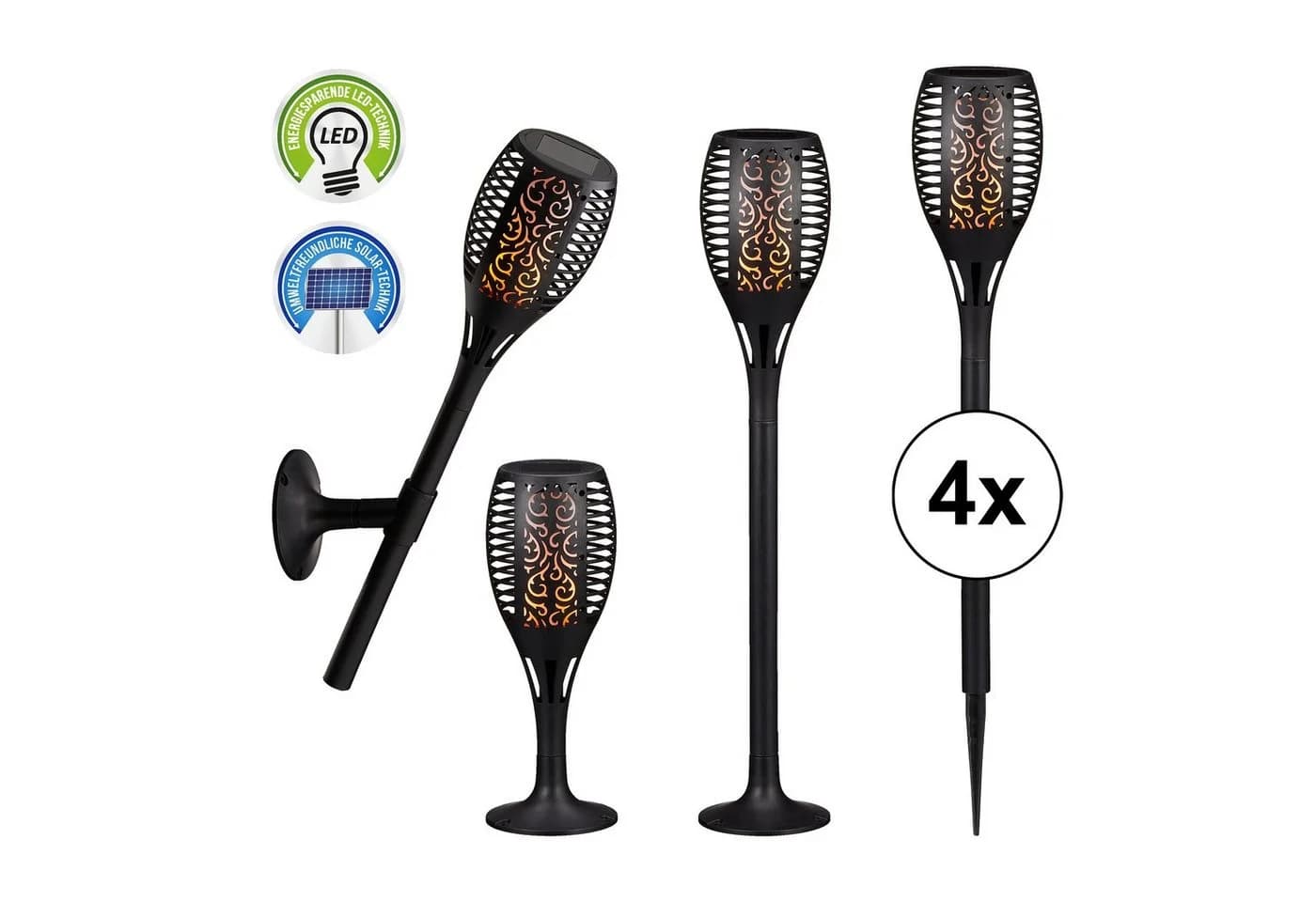 CEPEWA LED Solarleuchte 4er Set Gartenfackel Schwarz Flammenflackern