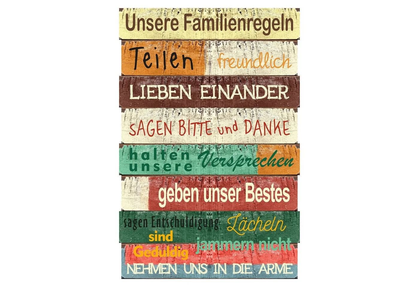 CEPEWA Kunstdruck Plankenschild "Unsere Familienregeln" Bunt Shabby Chic