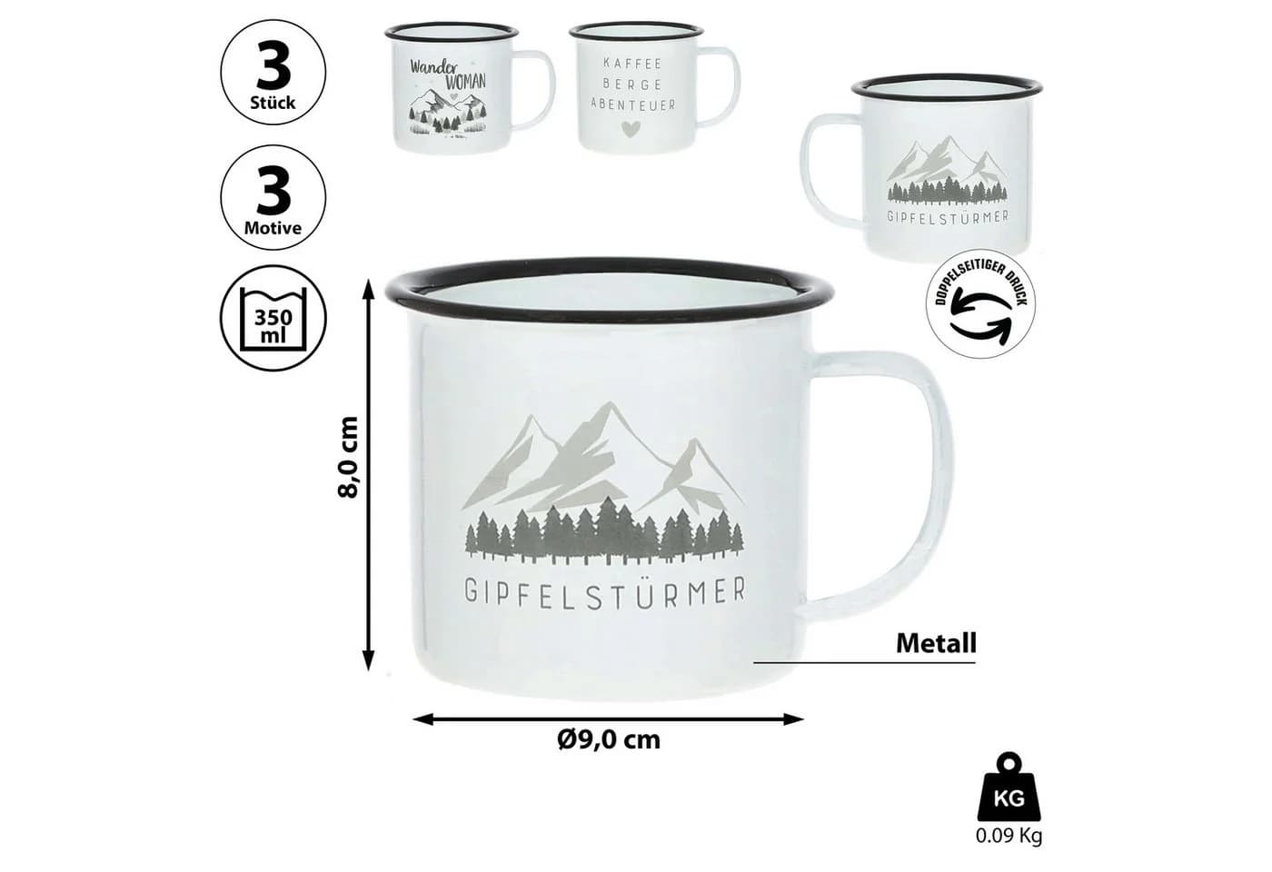 CEPEWA Tassen 3er Set 'Mountain' Metall Retro Design Bergmotiv