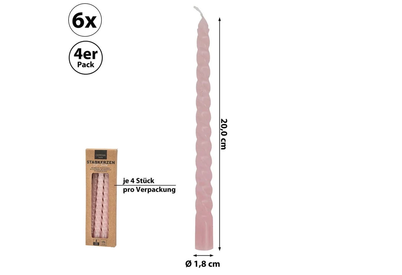 CEPEWA Spitzkerze 'Twisted' 24er Set Rosa - Bild 1