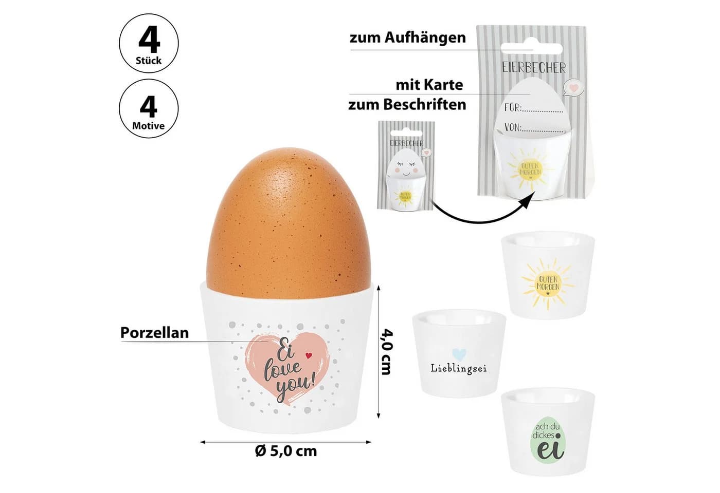 CEPEWA Eierbecher 4er Set Sprüche Porzellan Weiß/Bunt