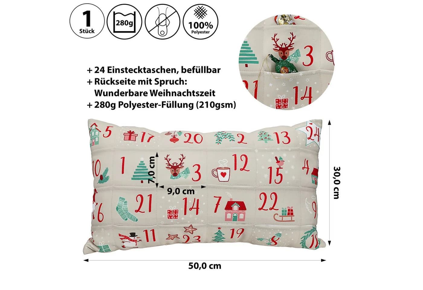 CEPEWA Adventskalender Kissen 24 Einstecktaschen