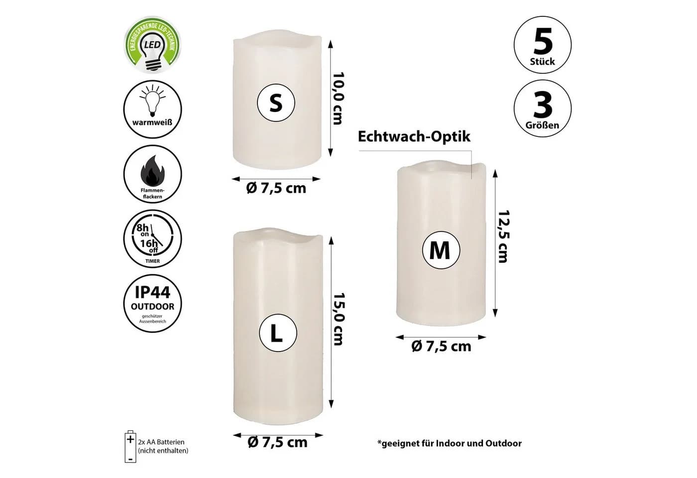 CEPEWA Outdoorkerze LED Kerzen Set 5er Echtwachsoptik Warmweiß