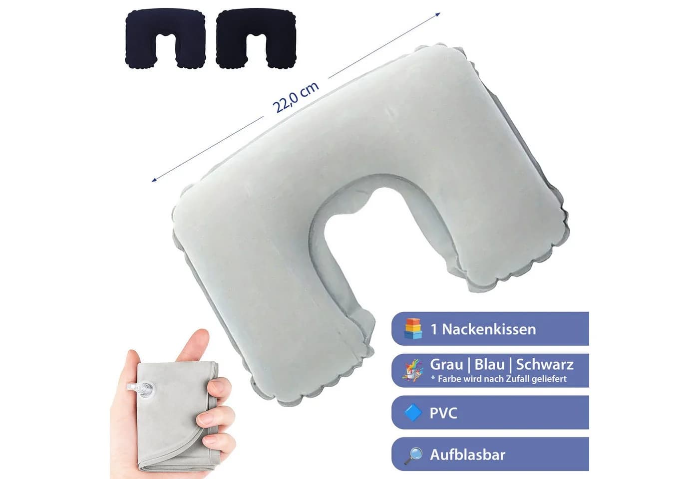 CEPEWA Nackenkissen aufblasbar blau grau schwarz 22cm