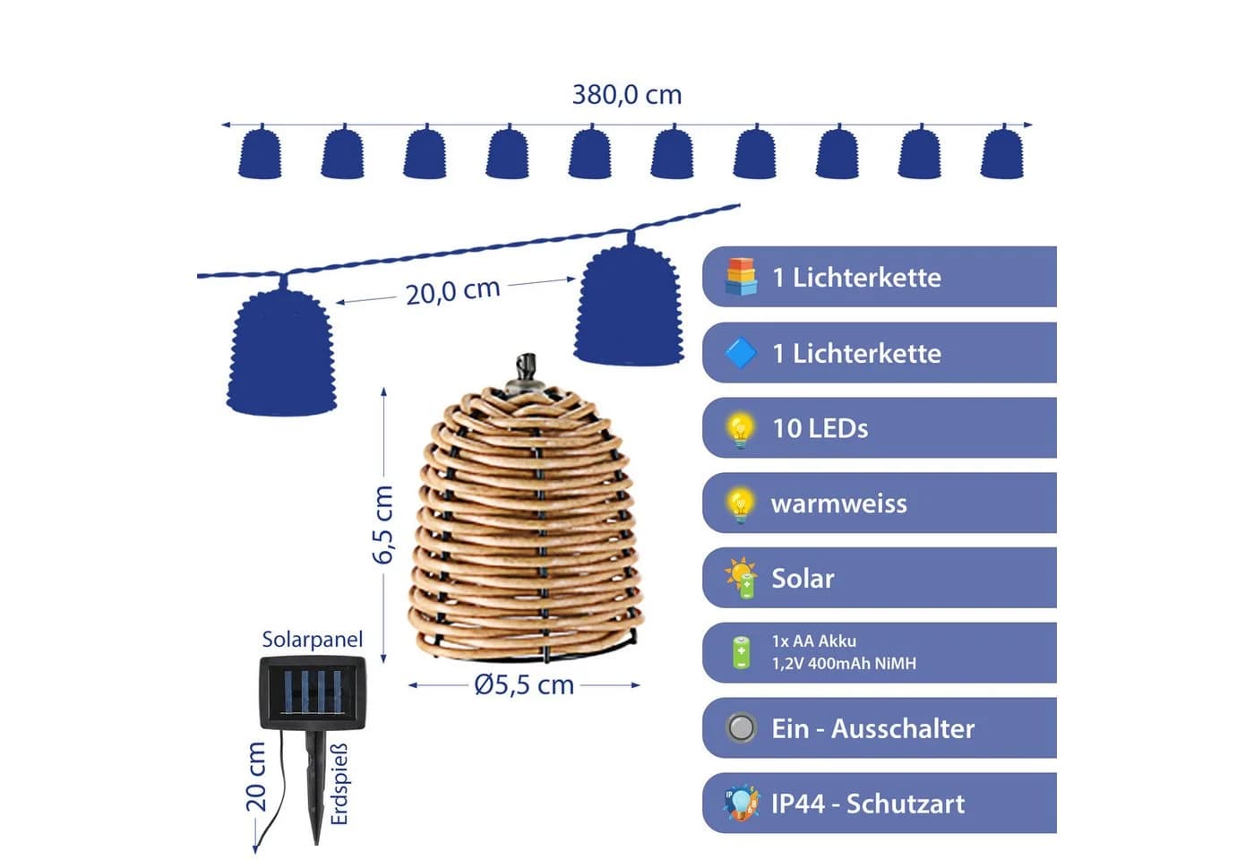 CEPEWA LED Solar Lichterkette Rattan 380cm 10 Lampen warmweiß IP44