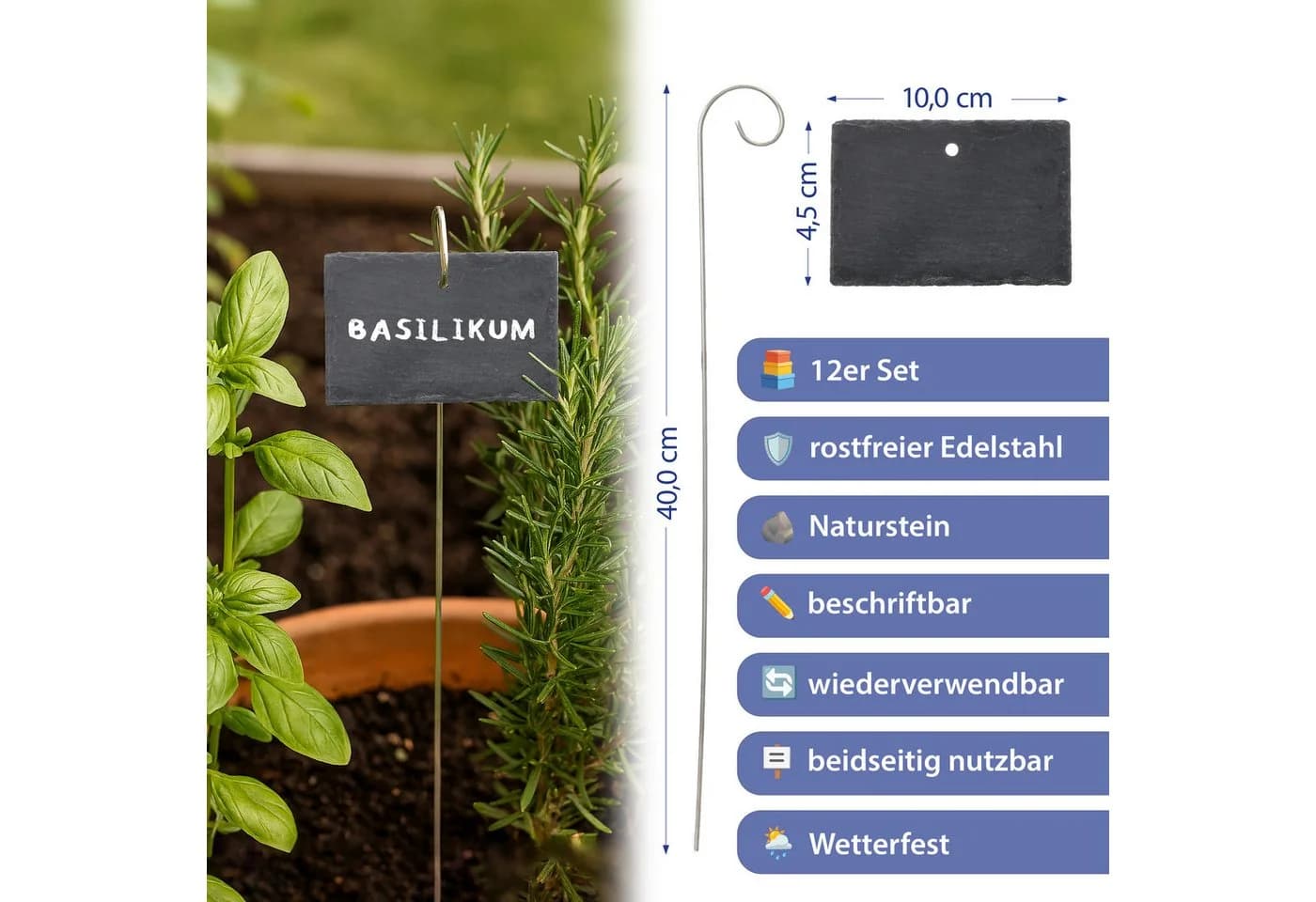 CEPEWA 12er Set Gartenstecker Edelstahl Schiefer