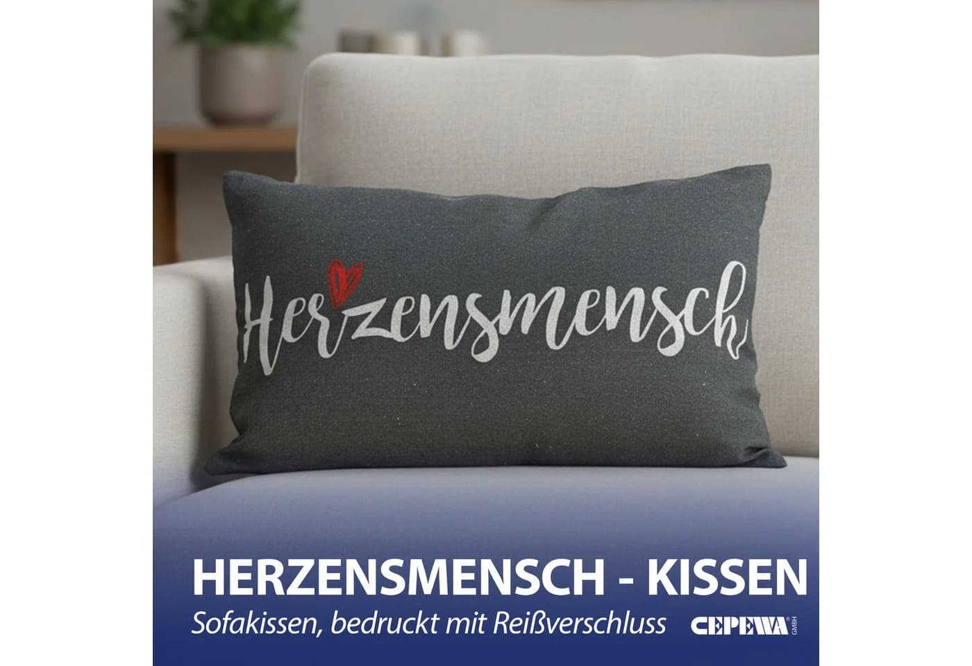 CEPEWA Dekokissen Herzensmensch 40x25cm grau mit Reißverschluss - Bild 3
