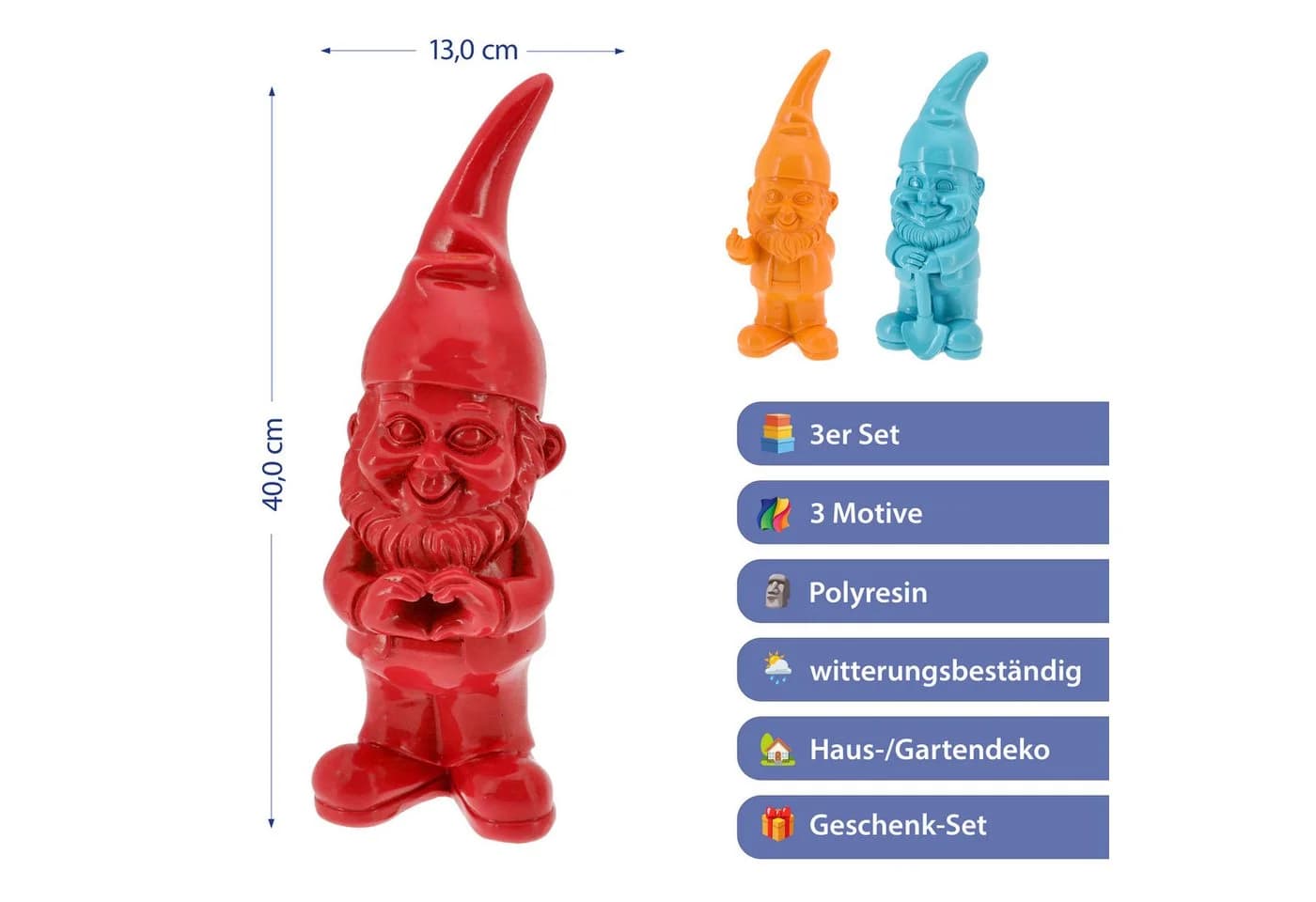 CEPEWA Gartenzwerg 3er Set XL Polyresin Bunt