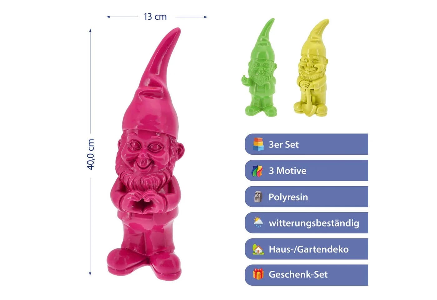 CEPEWA Gartenzwerg 3er Set XL Polyresin Bunt