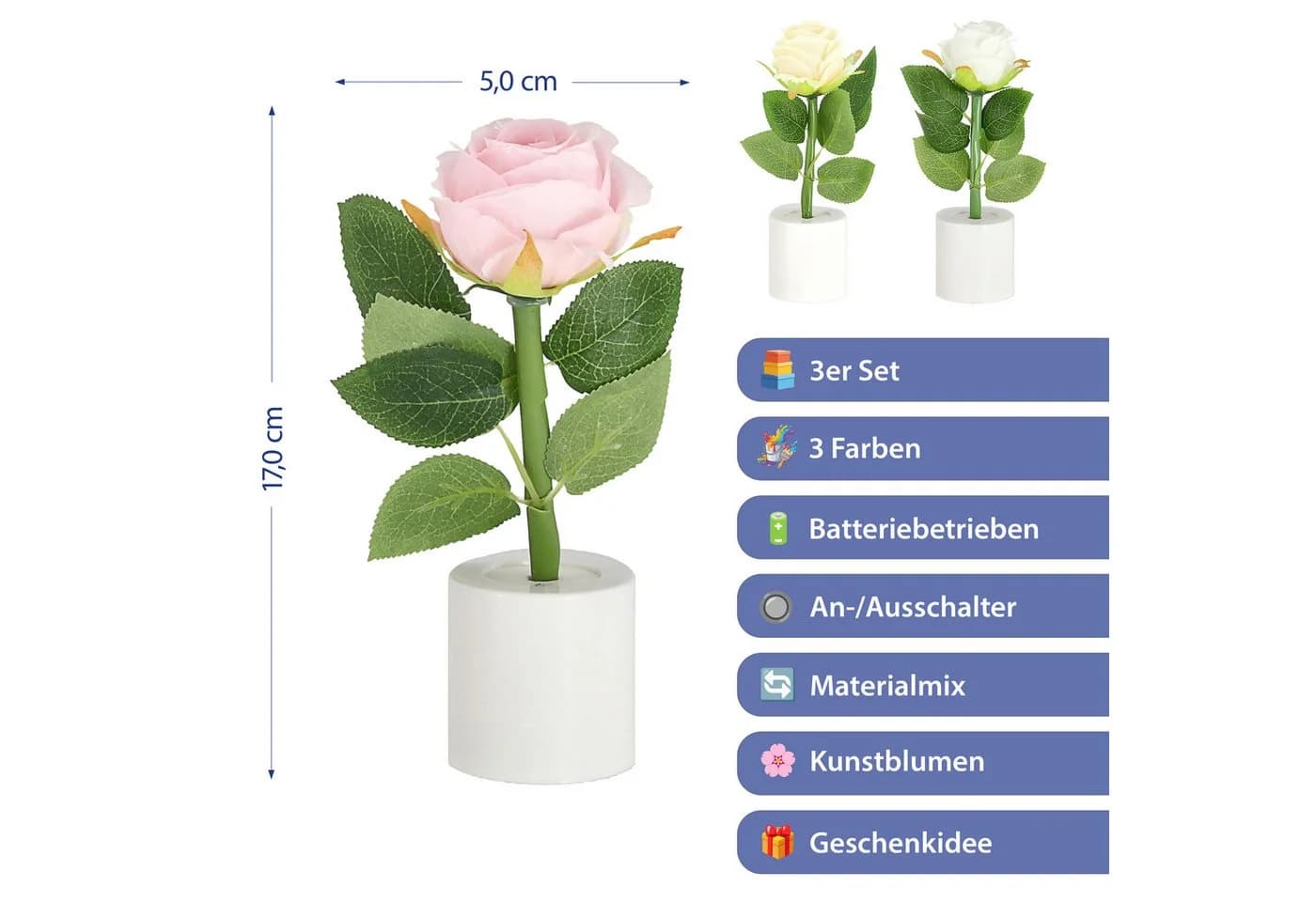 CEPEWA LED Dekolicht Rosen 3er Set Creme/Rosa/Weiß
