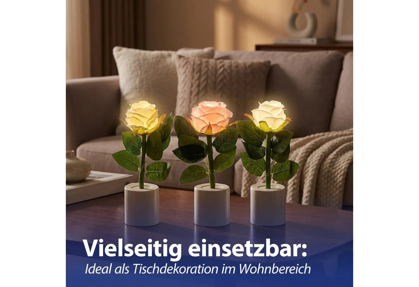 CEPEWA LED Dekolicht Rosen 3er Set Creme/Rosa/Weiß - Bild 4
