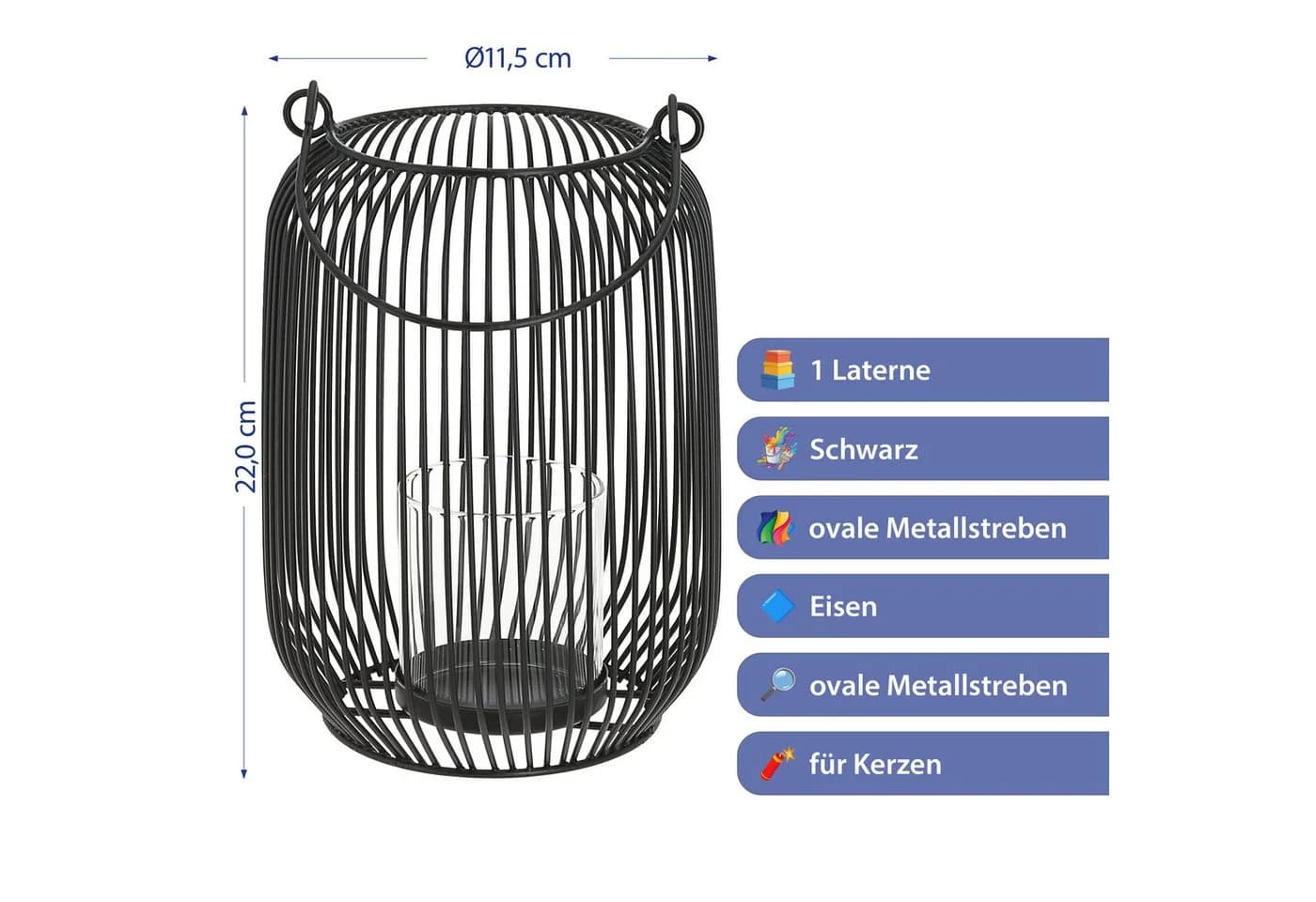 CEPEWA Kerzenlaterne Oval Schwarz Eisen Henkel